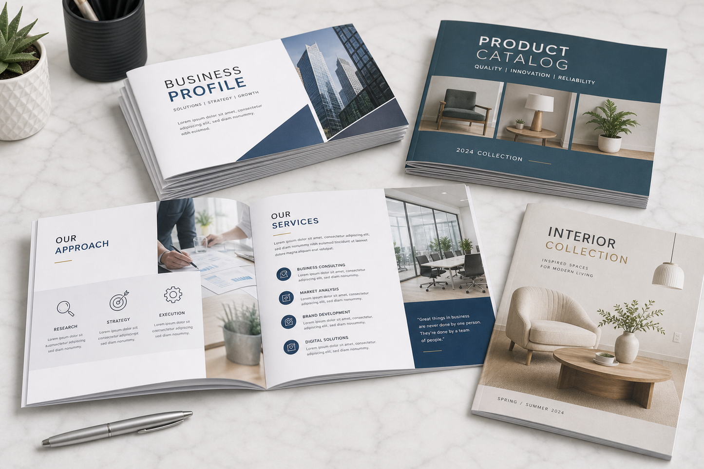 Photorealistic printed booklets and catalogs with open interior pages