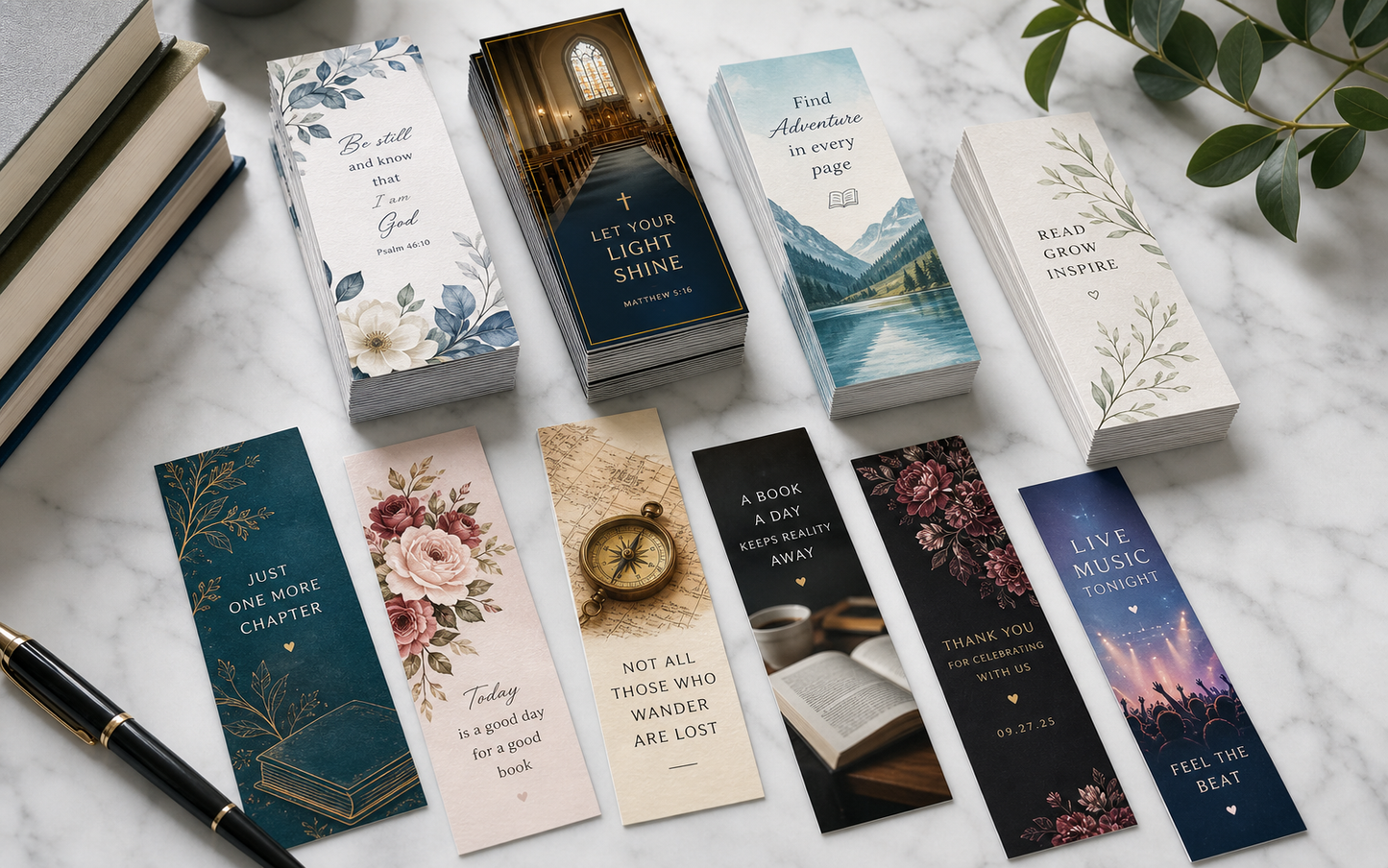 Photorealistic custom printed bookmarks fanned out on a marble desk