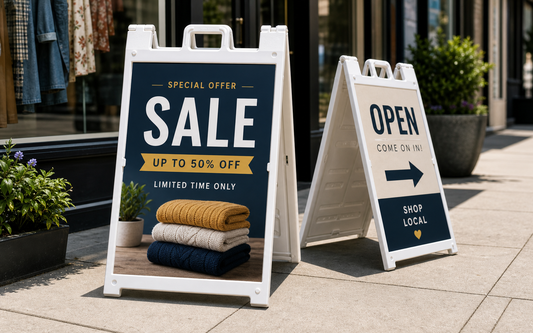 Photorealistic A-frame sidewalk signs outside a storefront