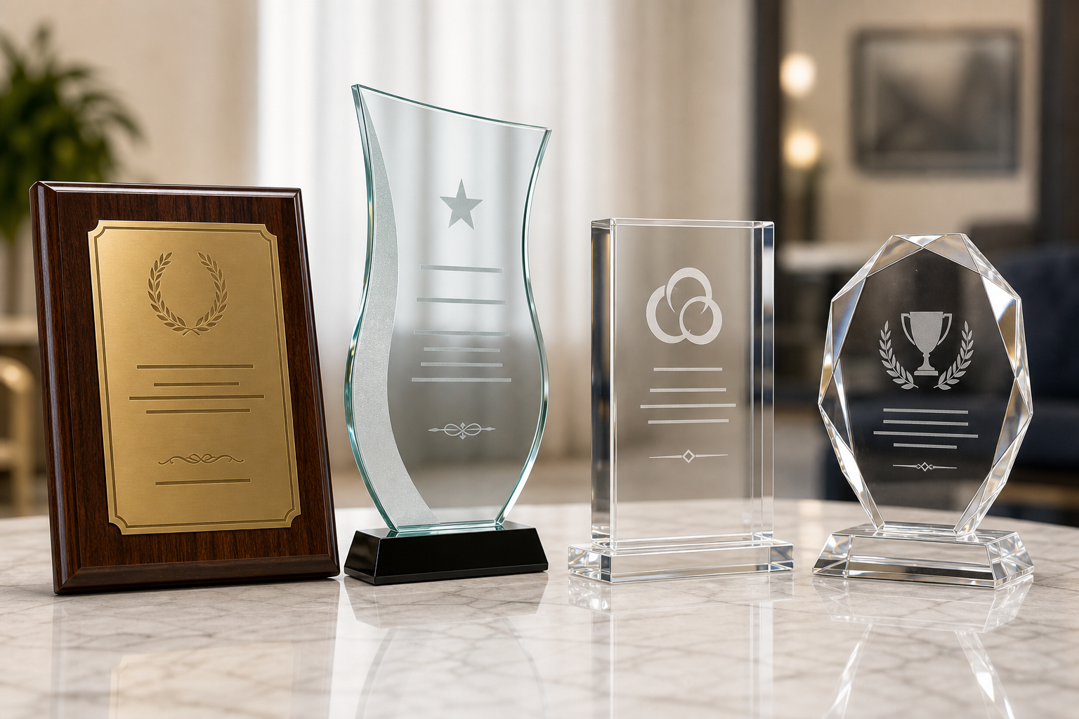 Photorealistic plaques glass acrylic and crystal awards on a marble tabletop