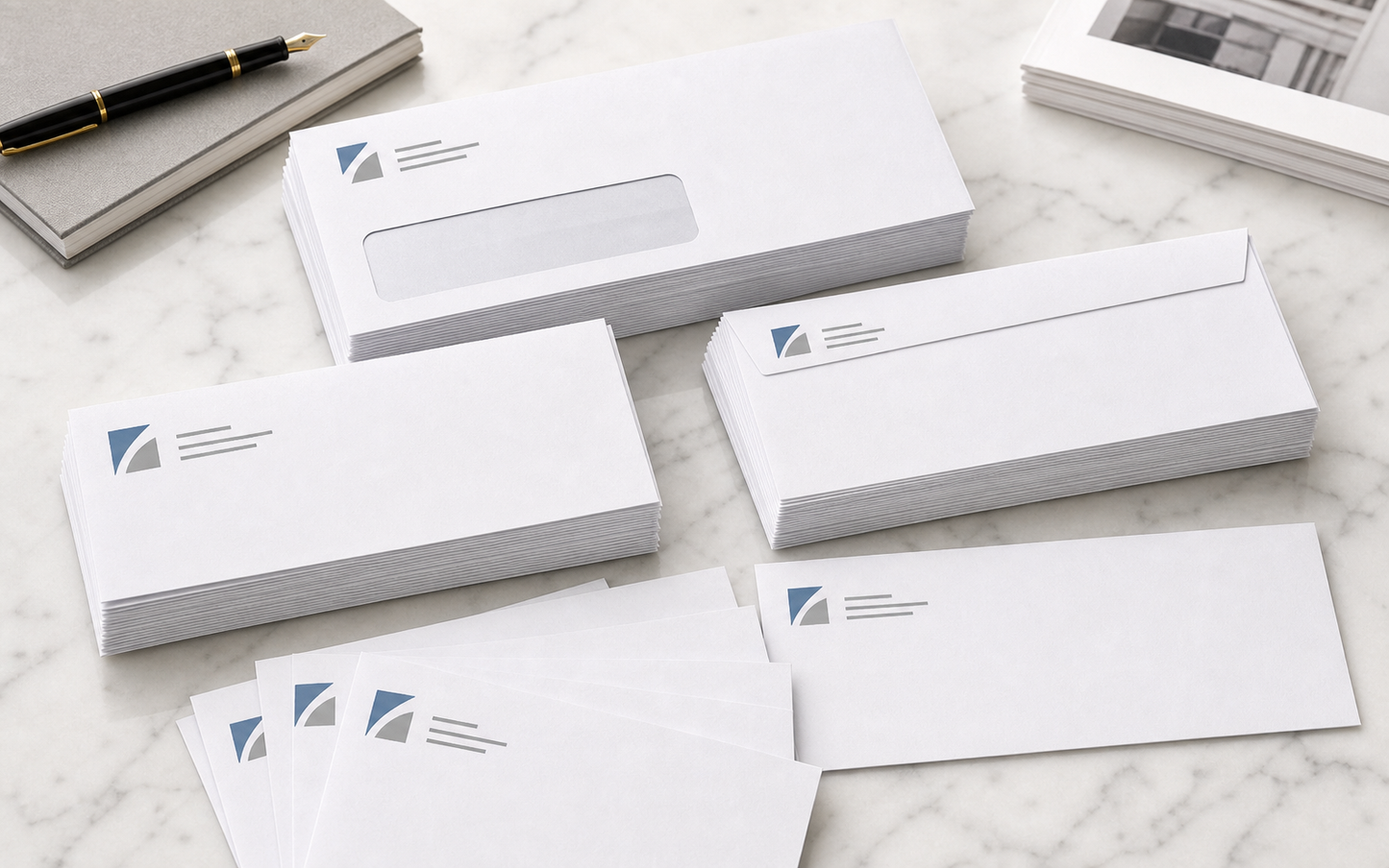 Photorealistic stacks of custom printed business envelopes