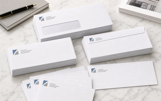 Photorealistic stacks of custom printed business envelopes