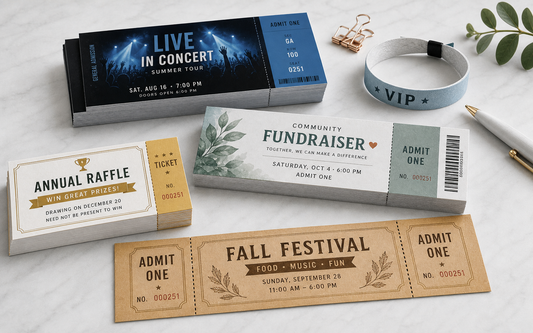 Photorealistic stacks of custom printed event tickets with stubs