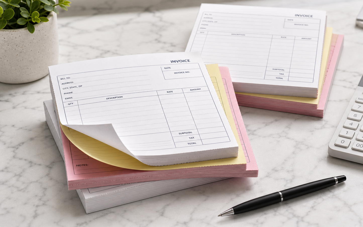 Photorealistic carbonless invoice forms with white yellow and pink sheets