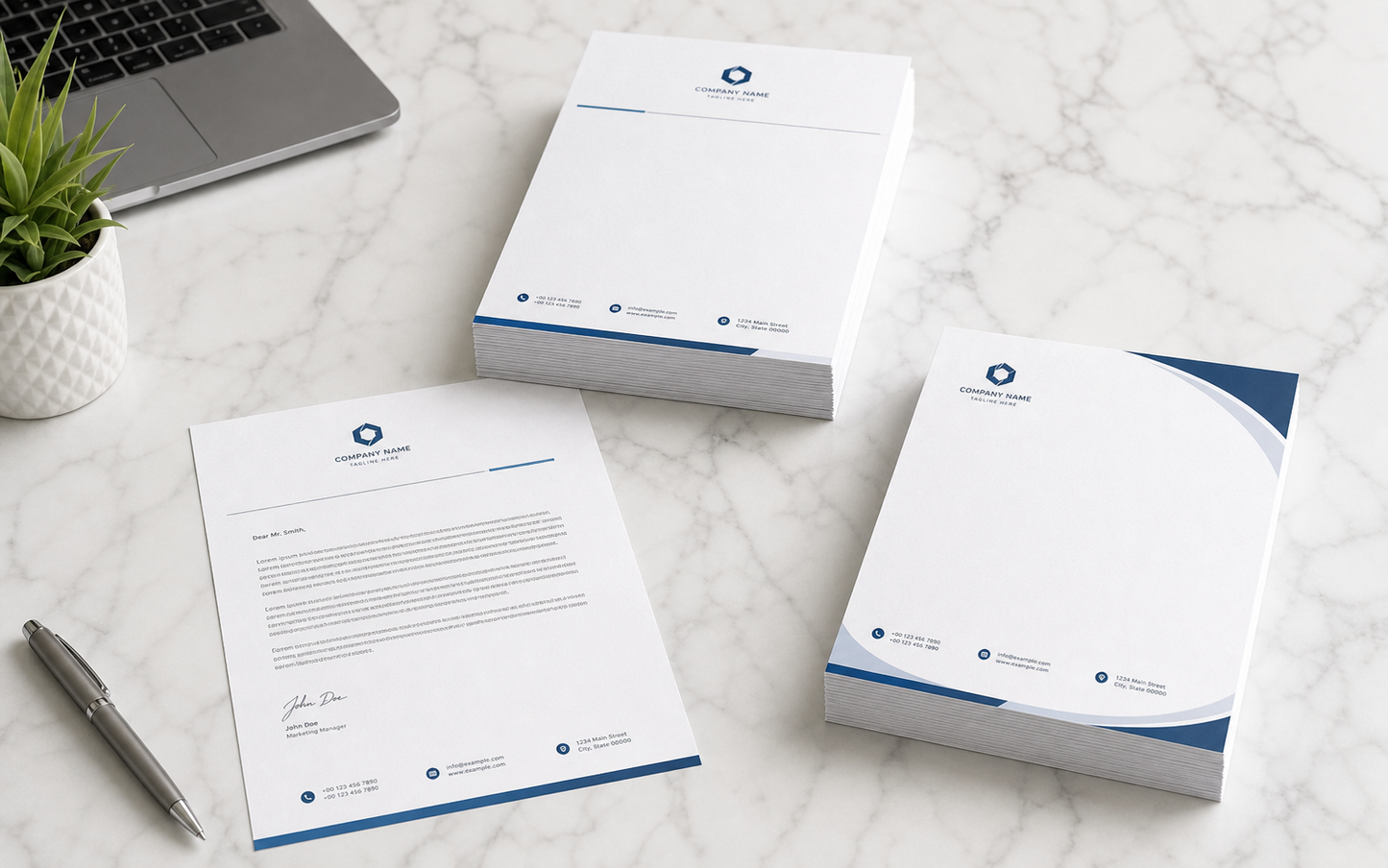 Photorealistic stacks of custom printed letterheads on a marble desk