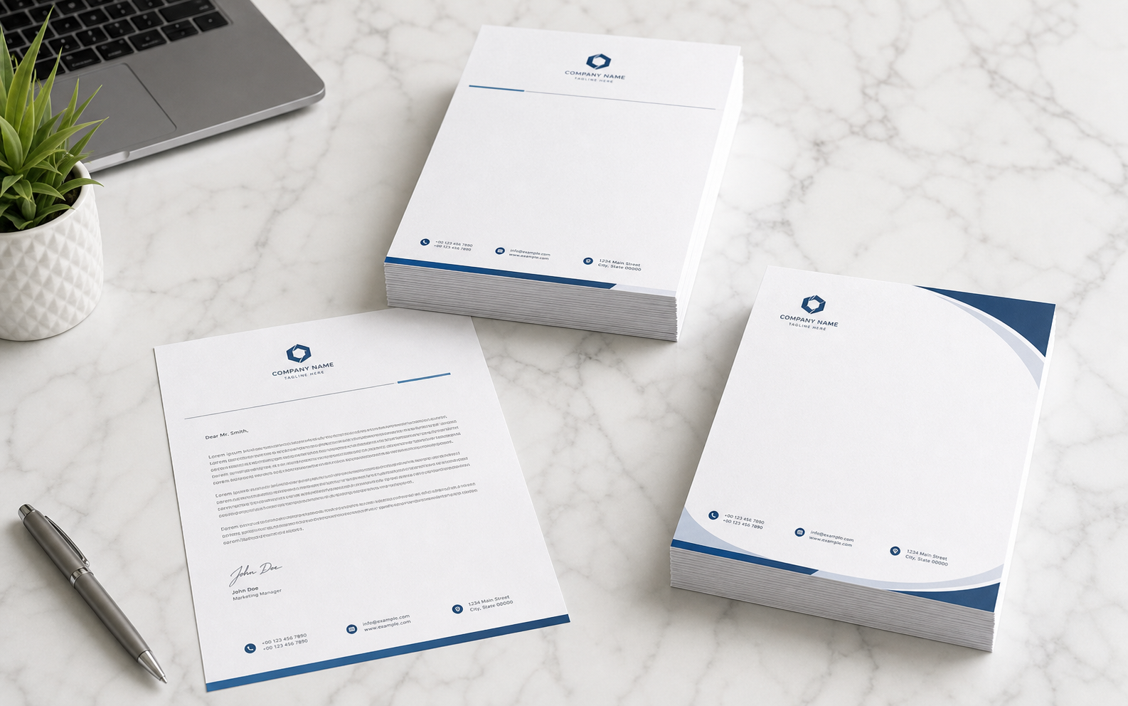 Photorealistic stacks of custom printed letterheads on a marble desk