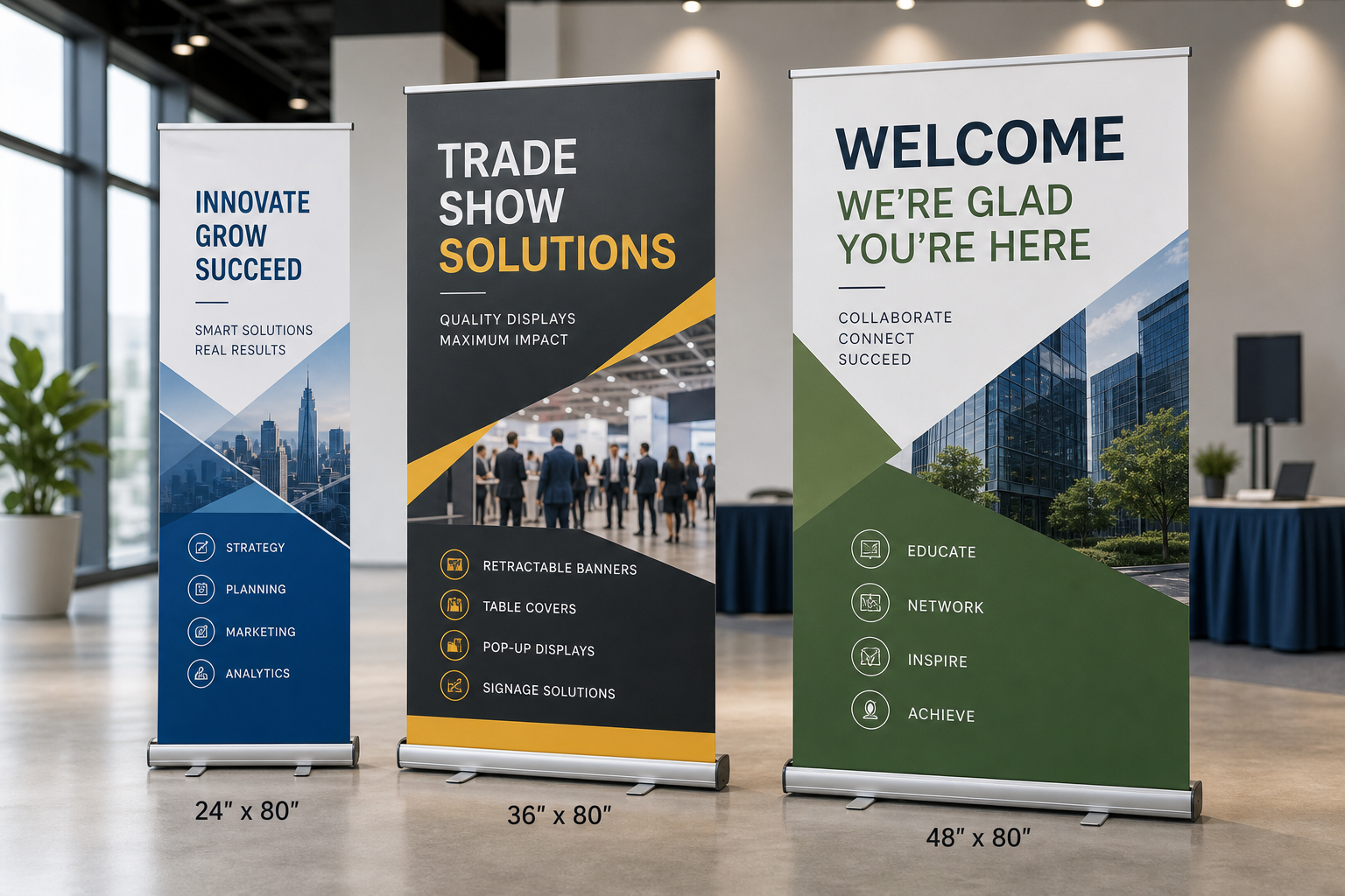 Photorealistic retractable roll-up banner stands in an expo setting