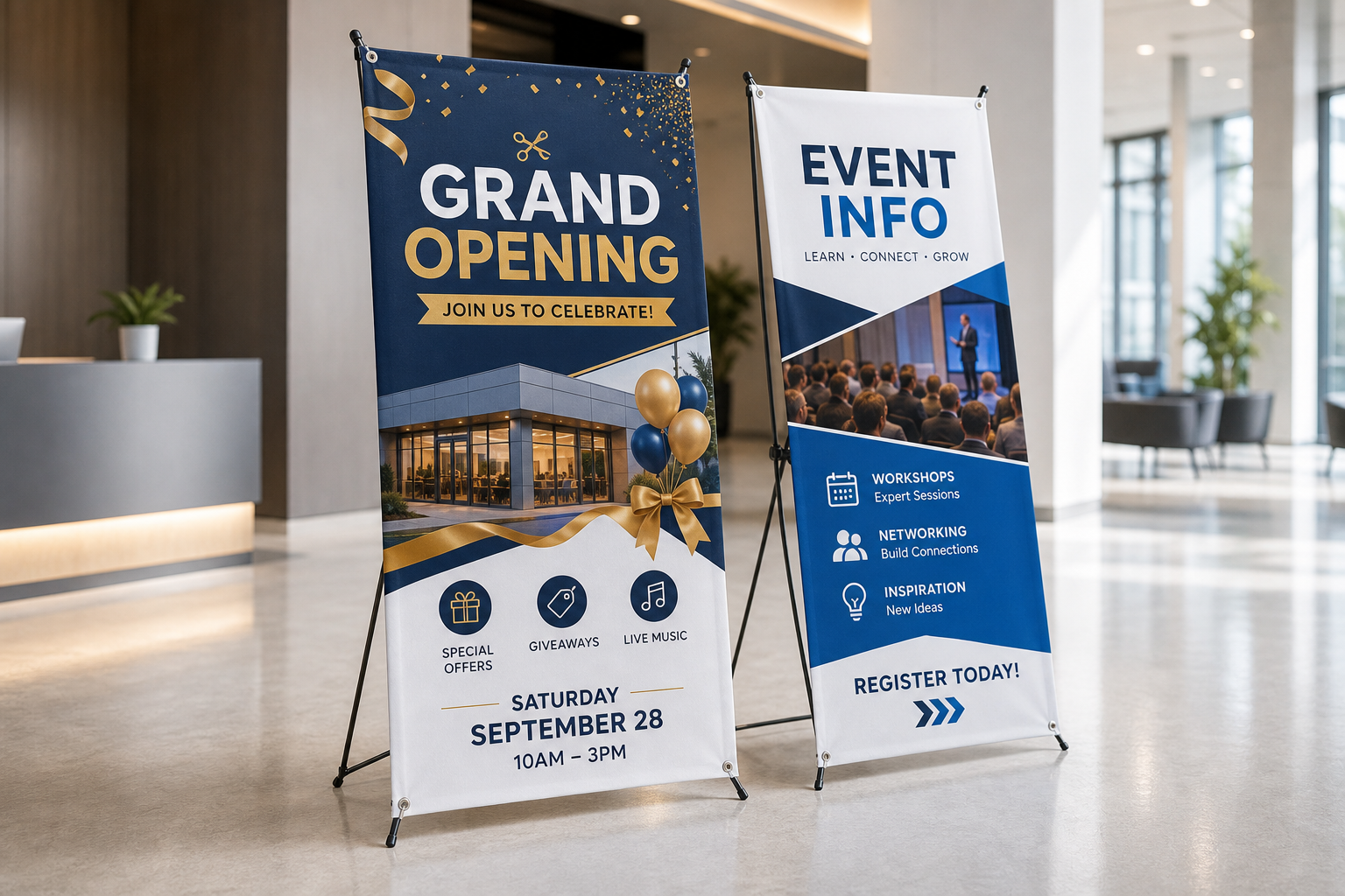 Photorealistic portable X-banner stands in a lobby