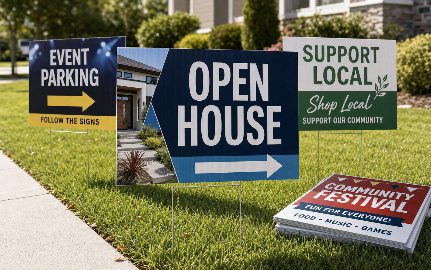 Photorealistic outdoor 18 x 24 corrugated yard signs on lawn stakes