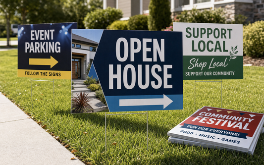 Photorealistic outdoor 18 x 24 corrugated yard signs on lawn stakes